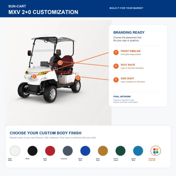 Customized-color-logo-golf-cart SUN-CART MXV 2+0 customization options for colors, branding and accessories