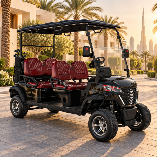 LSV 4-Seater Electric Golf Cart in Dubai Park Black Suncart LSV 4-seater electric golf cart in a landscaped Dubai park