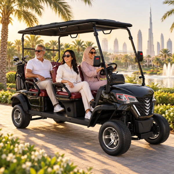 Black LSV 4-Seater Golf Cart in Dubai Community Black Suncart LSV 4-seater electric golf cart in a modern Dubai community