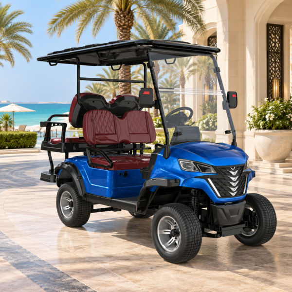 Blue LSV 2+2 Golf Cart for Dubai Resorts Blue LSV 2+2 electric golf cart at a Dubai beachfront resort