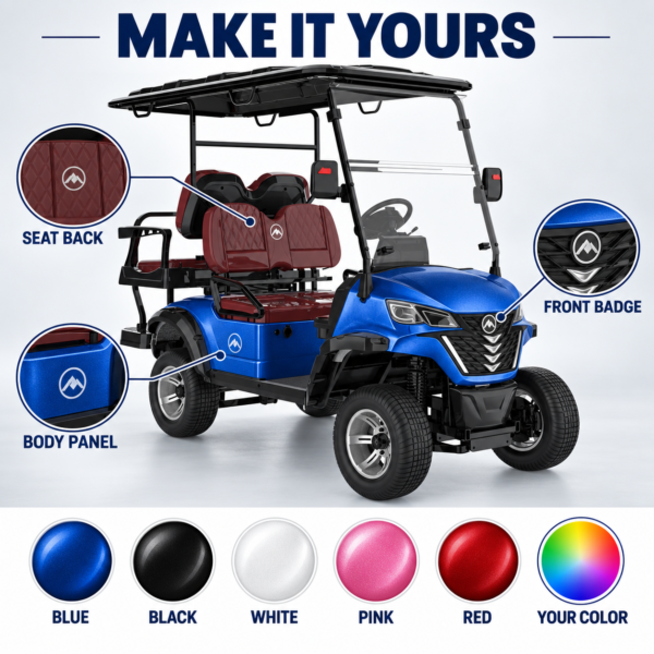 Custom LSV 2+2 Golf Cart Colors and Branding Custom color and logo options for LSV 2+2 electric golf cart