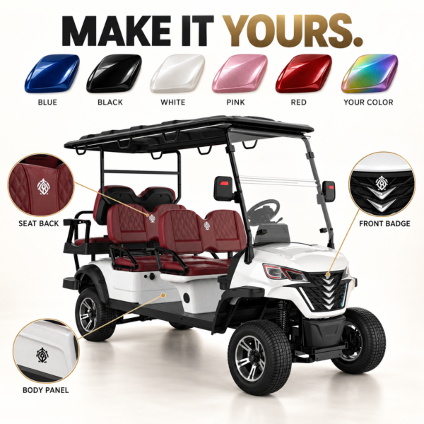 Custom Colors and Branding for LSV 4+2 Custom colors and logo placement options for an LSV 4+2 electric golf cart