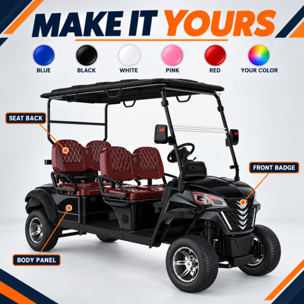 Custom Colors and Logo Options for LSV 4-Seater Custom body colors and logo placement options for Suncart LSV 4-seater golf cart