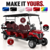 Custom Colors and Branding for LSV 6+2 Custom colors and logo placement options for a red LSV 6+2 electric golf cart
