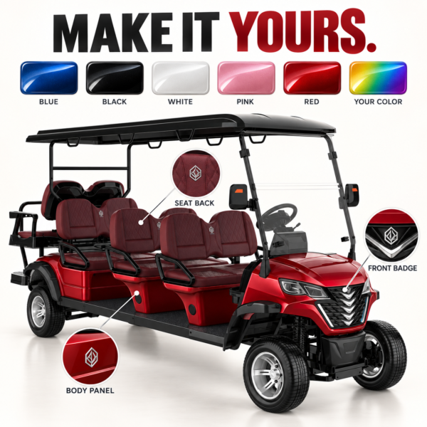 Custom Colors and Branding for LSV 6+2 Custom colors and logo placement options for a red LSV 6+2 electric golf cart