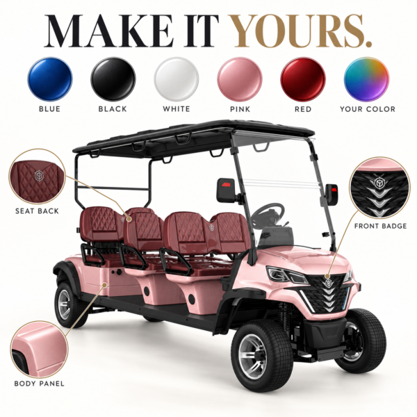Custom Colors and Branding for LSV 6-Seater Custom color and logo options for a pink LSV 6-seater electric golf cart