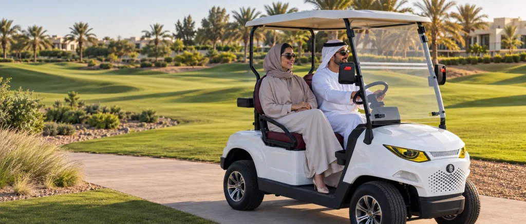 Emirati couple riding an electric golf cart on a Dubai golf course