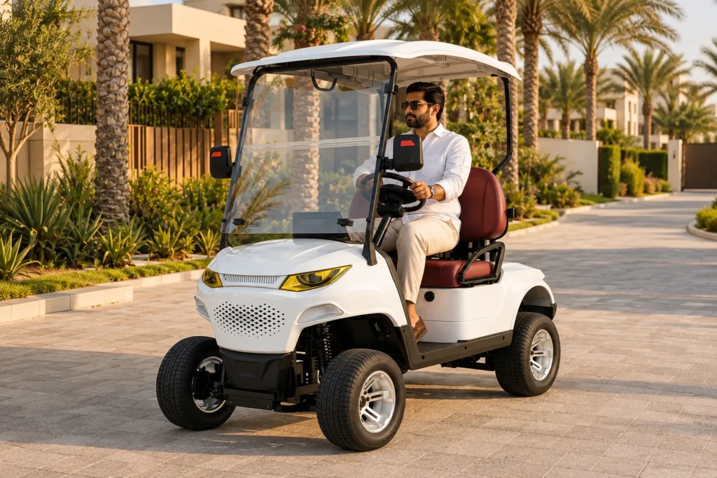 Man driving a white electric golf cart in a Dubai residential community