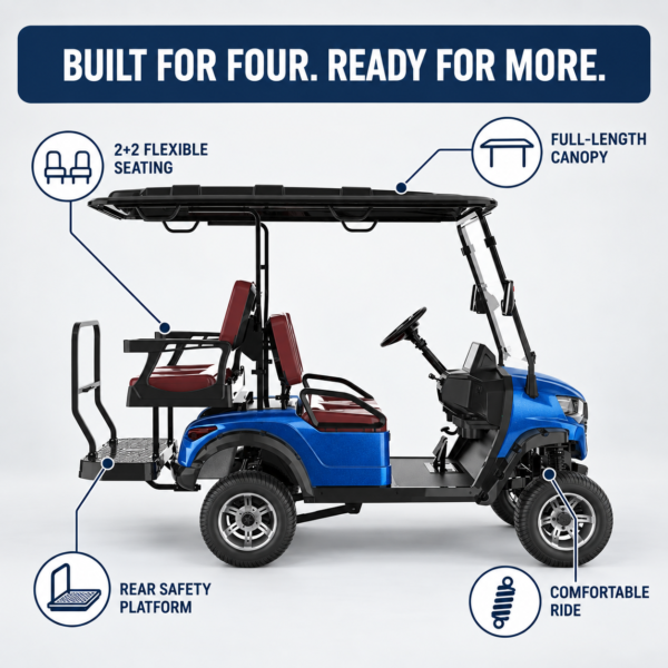 LSV 2+2 Four-Seat Golf Cart Features LSV 2+2 four-seat golf cart with rear platform and full-length canopy
