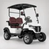 LSV 2-Seater Electric Golf Cart - Front Three-Quarter View White LSV 2-seater electric golf cart with burgundy seats and street tires
