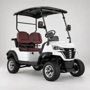 White LSV 2-seater electric golf cart with burgundy seats and street tires