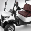 LSV 2-Seater Golf Cart Cockpit and Interior Details LSV 2-seater golf cart cockpit with steering wheel, pedals and burgundy seat