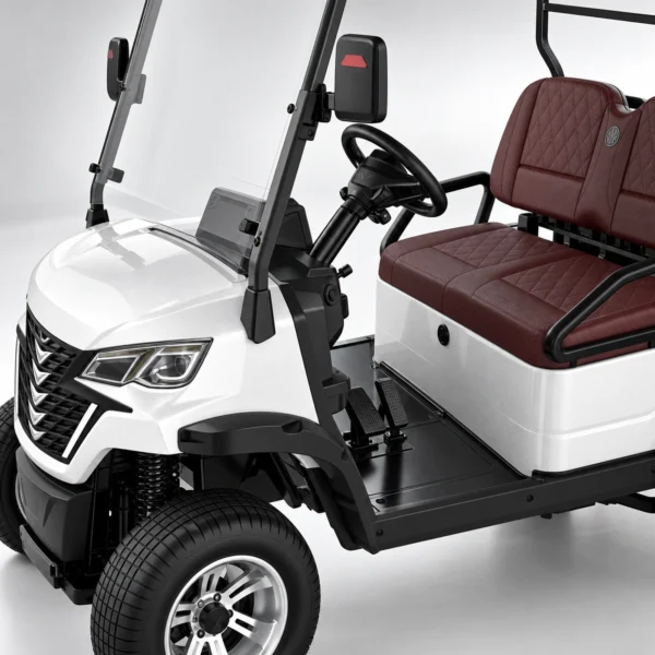 LSV 2-Seater Golf Cart Cockpit and Interior Details LSV 2-seater golf cart cockpit with steering wheel, pedals and burgundy seat