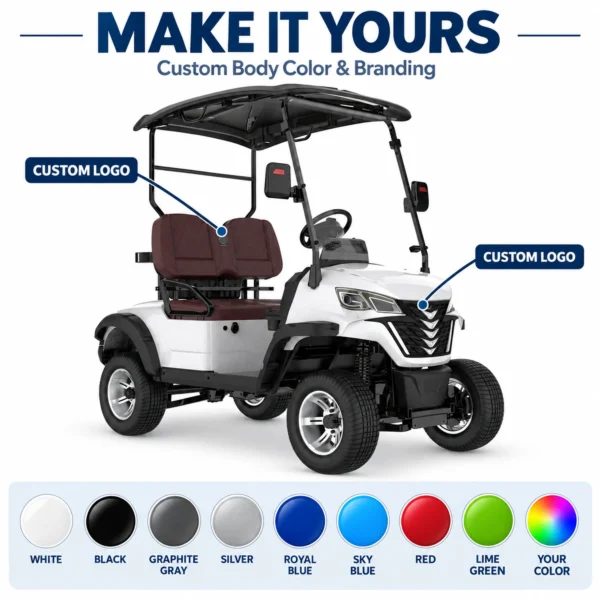 LSV 2-Seater Golf Cart Custom Colors and Logo Branding Custom body colors and logo placement options for LSV 2-seater golf cart