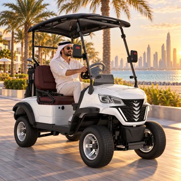 LSV 2-Seater Golf Cart in Dubai Waterfront Setting LSV 2-seater electric golf cart driven on a Dubai waterfront promenade