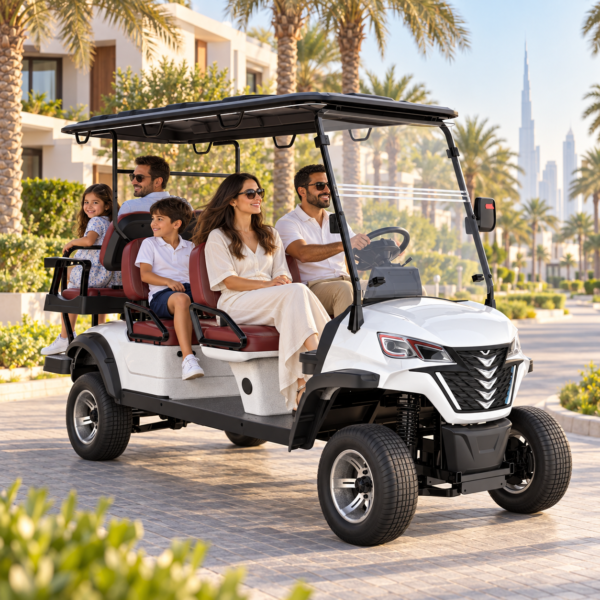 LSV 4+2 Electric Golf Cart for Residential Communities Pearl white LSV 4+2 electric golf cart carrying a family in a Dubai residential community
