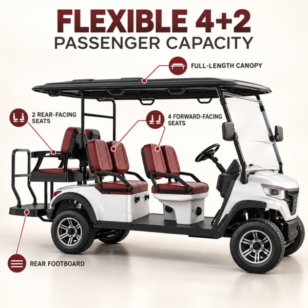 LSV 4+2 Cockpit and Premium Interior LSV 4+2 golf cart cockpit with digital display, intuitive controls and burgundy seats
