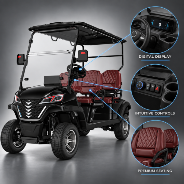 LSV 4-Seater Golf Cart Cockpit and Dashboard Suncart LSV 4-seater electric golf cart cockpit with digital display and controls