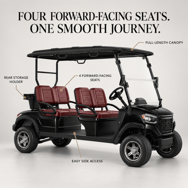 LSV 4-Seater Forward-Facing Seating Features Suncart LSV 4-seater golf cart with four forward-facing seats and full-length canopy