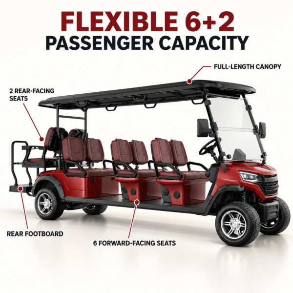 Flexible 6+2 Passenger Capacity LSV LSV golf cart with six forward-facing seats, two rear-facing seats and a rear footboard