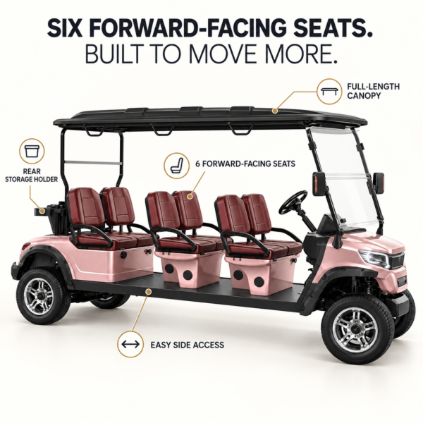 Six Forward-Facing Seat LSV Features LSV golf cart with six forward-facing seats, full-length canopy and rear storage holder