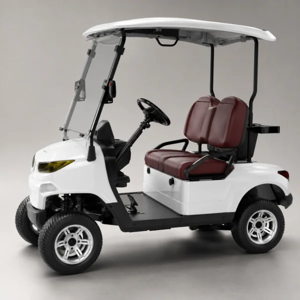 mxv-2plus0-cockpit-detail-studio Side profile of SUN-CART MXV 2+0 electric golf cart cockpit and two-seat layout