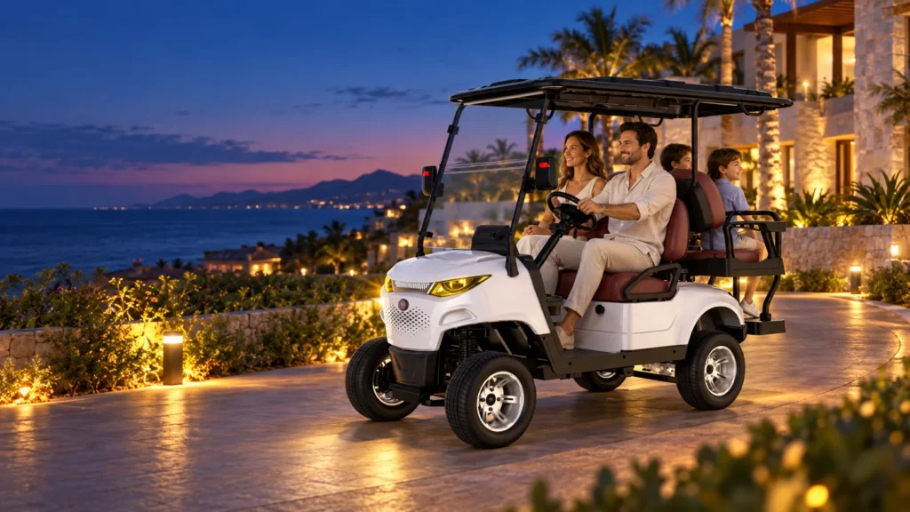 Couple riding a SUN CART MXV 2+2 Low electric golf cart through a coastal resort community