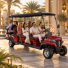 Eight-Seater Electric Resort Shuttle in Dubai Red LSV 6+2 electric golf cart carrying guests at a luxury Dubai resort