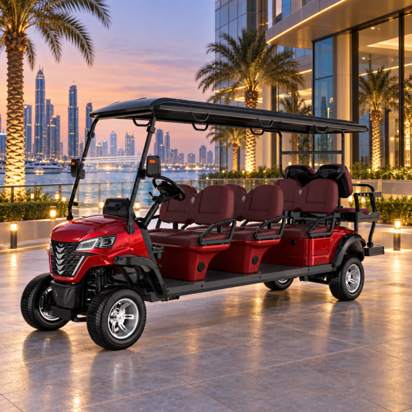 Red LSV 6+2 for Dubai Business Properties Red LSV 6+2 electric golf cart outside a modern Dubai business campus