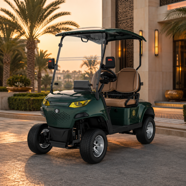 sun-cart-2-seats-golf-cart The mxv green golf vehicle is parked in the Dubai resort area.