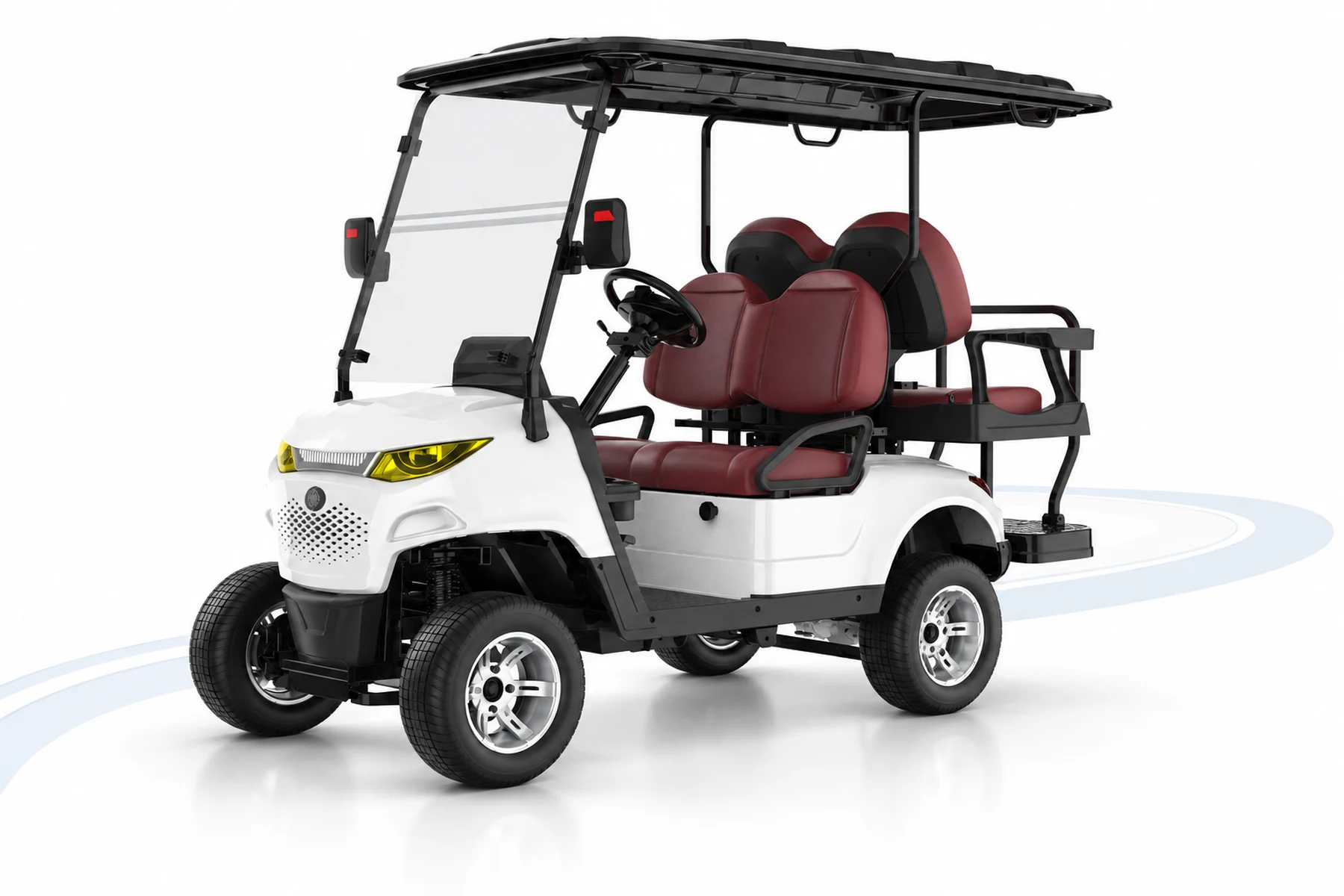 White SUN CART MXV 2+2 four-seat electric golf cart with rear-facing seat
