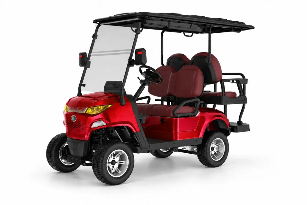 Red SUN CART MXV 2+2 four-seat electric golf cart with rear-facing bench