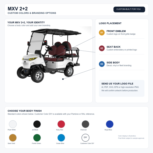 MXV 2+2 Custom Colors and Logo Branding MXV 2+2 custom body color options and logo placement locations