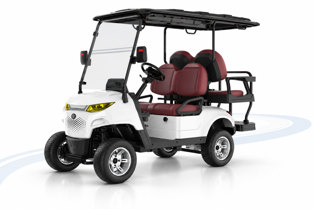 SUN CART MXV 2+2 Low electric golf cart on a white background with a subtle route-inspired graphic
