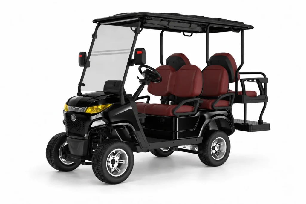 Black SUN CART MXV 4+2 six-seat electric golf cart with rear-facing bench