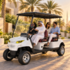 MXV 4+0 for Dubai Villa Communities Four adults riding a SUN-CART MXV 4+0 electric golf cart at a Dubai villa