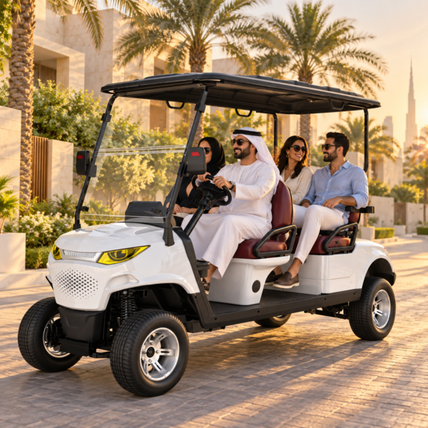 MXV 4+0 for Dubai Villa Communities Four adults riding a SUN-CART MXV 4+0 electric golf cart at a Dubai villa