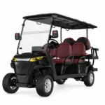 Black SUN-CART MXV 4+2 six seat electric golf cart front three-quarter view
