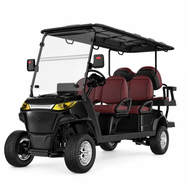 MXV 4+2 Black Six Seat Electric Golf Cart Black SUN-CART MXV 4+2 six seat electric golf cart front three-quarter view