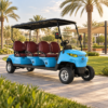 MXV 6+0 Sky Blue Beach Resort Transport Six passengers riding a sky blue SUN-CART MXV 6+0 electric golf cart at a Dubai beach resort