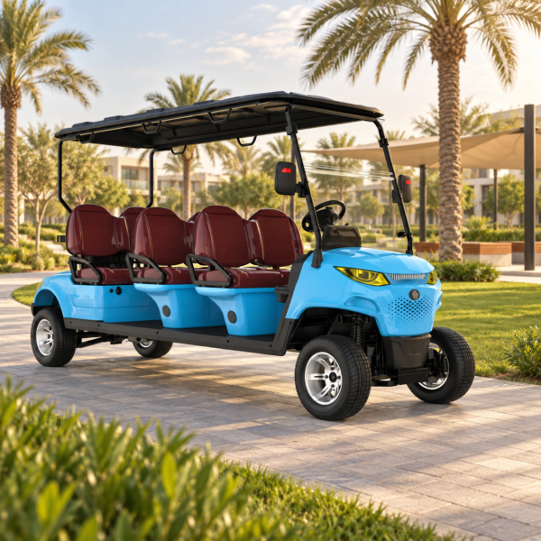 MXV 6+0 Sky Blue Beach Resort Transport Six passengers riding a sky blue SUN-CART MXV 6+0 electric golf cart at a Dubai beach resort