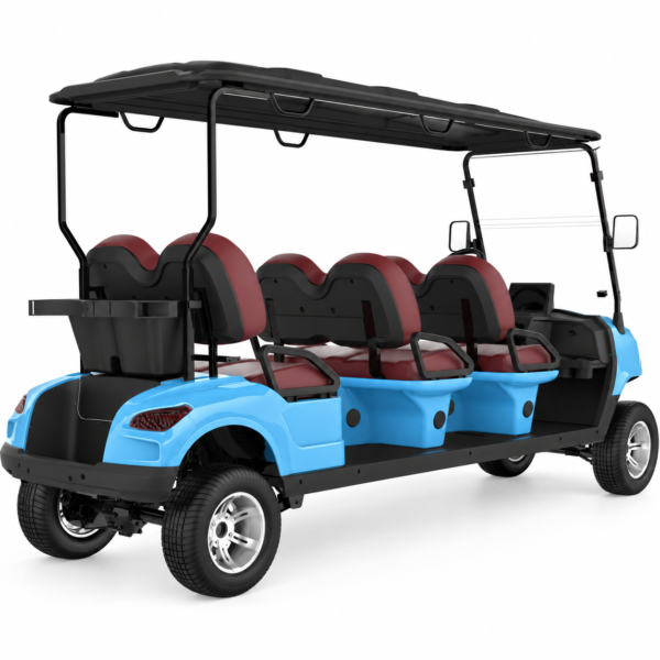 MXV 6+0 Sky Blue Six Seat Detail Sky blue SUN-CART MXV 6+0 six forward-facing seats and rear storage detail