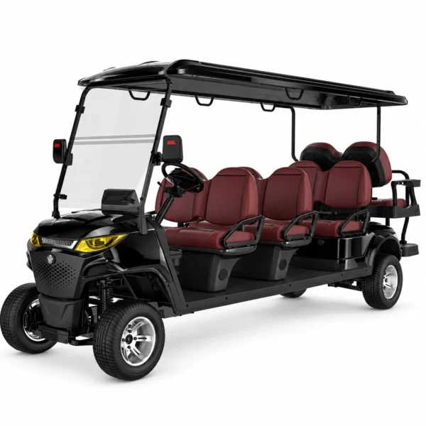 MXV 6+2 Black Eight Seat Electric Golf Cart Black SUN-CART MXV 6+2 eight seat electric golf cart front three-quarter view