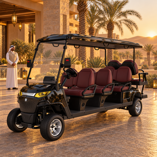 MXV 6+2 Desert Resort Guest Transport Black SUN-CART MXV 6+2 electric golf cart at a Dubai desert resort