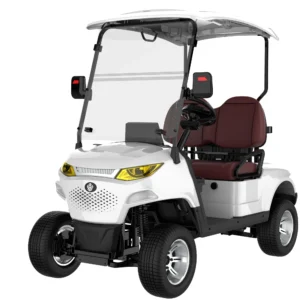 sun-cart-mxv-golf-cart Rear three-quarter view of SUN-CART MXV 2+0 golf cart with golf bag holder
