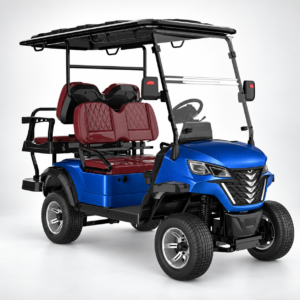 Blue SUNCART LSV 2+2 electric golf cart with rear-facing seats