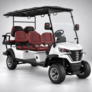 Pearl white Suncart LSV 4+2 electric golf cart with a rear-facing passenger seat