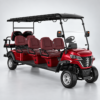 Red LSV 6+2 Electric Golf Cart Red LSV 6+2 electric golf cart with six forward-facing seats and a rear-facing bench