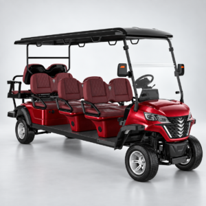 Red LSV 6+2 electric golf cart with six forward-facing seats and a rear-facing bench