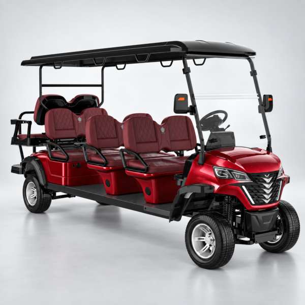 Red LSV 6+2 Electric Golf Cart Red LSV 6+2 electric golf cart with six forward-facing seats and a rear-facing bench
